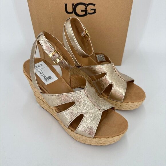 UGG Women's Careena Wedge Espadrille Sandals size 8.5 Gold Pigment Ankle Strap - Picture 2 of 13